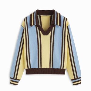 Cider V-Neck Sweater in Blue, Yellow, and Brown Stripes